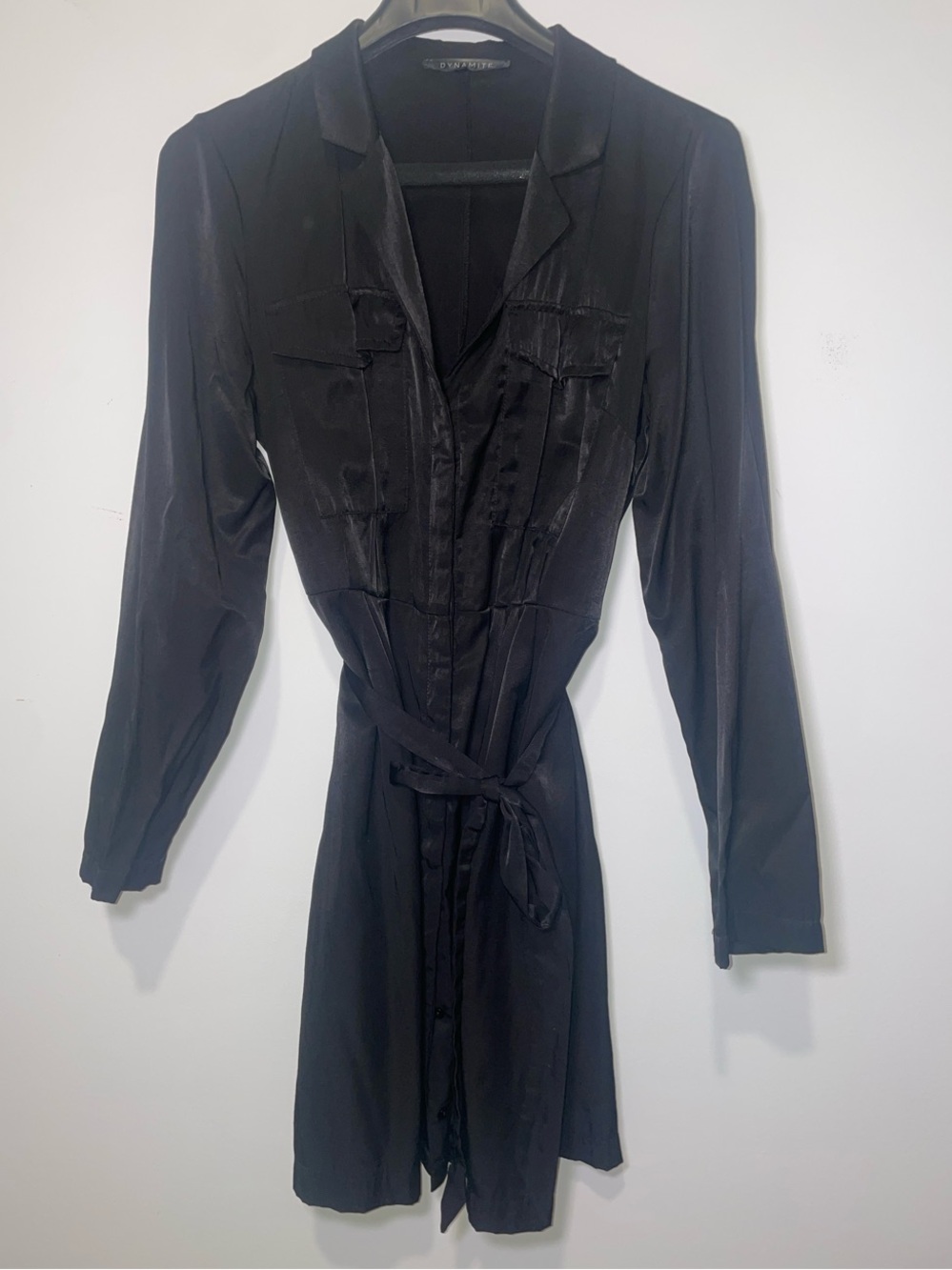 Dynamite Black Long-Sleeve Shirt Dress with Tie Waist Button Down - Like New